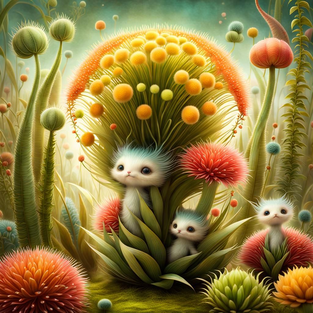 Whimsical Plant with Furry Creatures, Surreal Digital Art