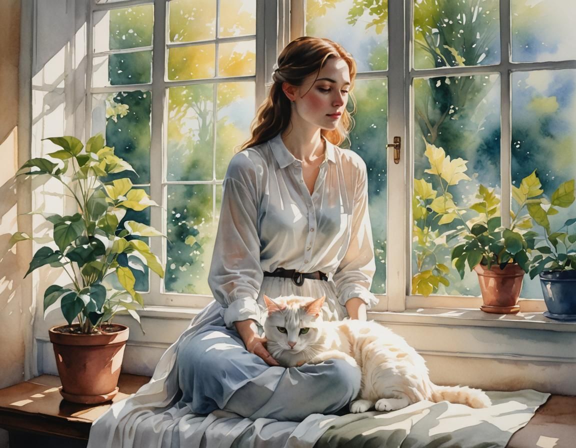 Contemplative Woman and Cat in Sunlight: Watercolor Painting