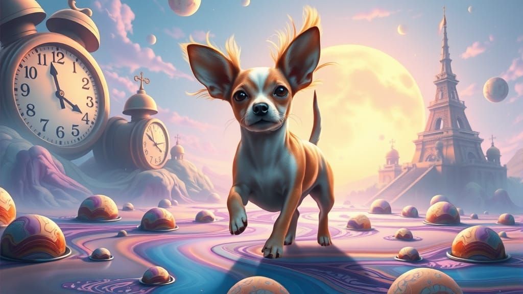 Iridescent Paint Chihuahua in Dreamlike Dali Landscape