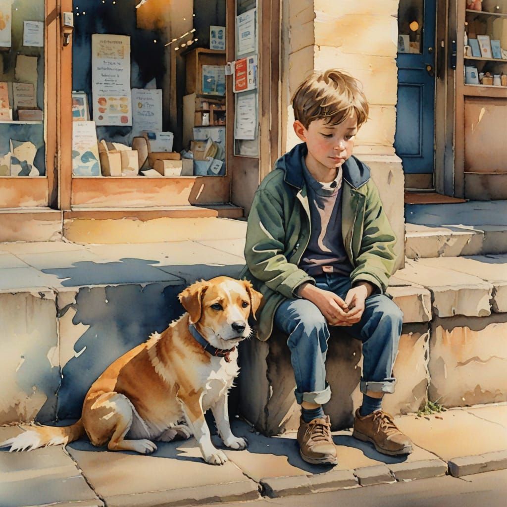 Boy and Dog Watercolor Painting in Sunlight