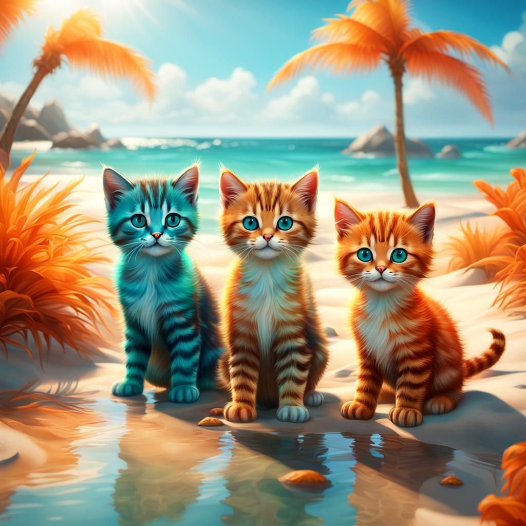 Kittens Play on Tropical Beach in Vivid Digital Art