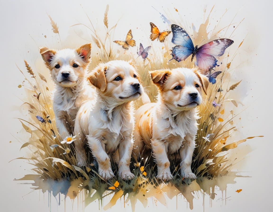 Cute Puppies Chasing Butterflies in Golden Sunlight