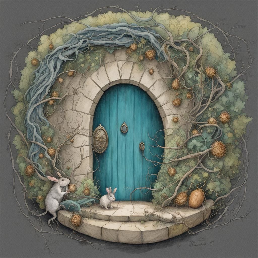 Magical Portal Pencil Sketch with Watercolor Accents