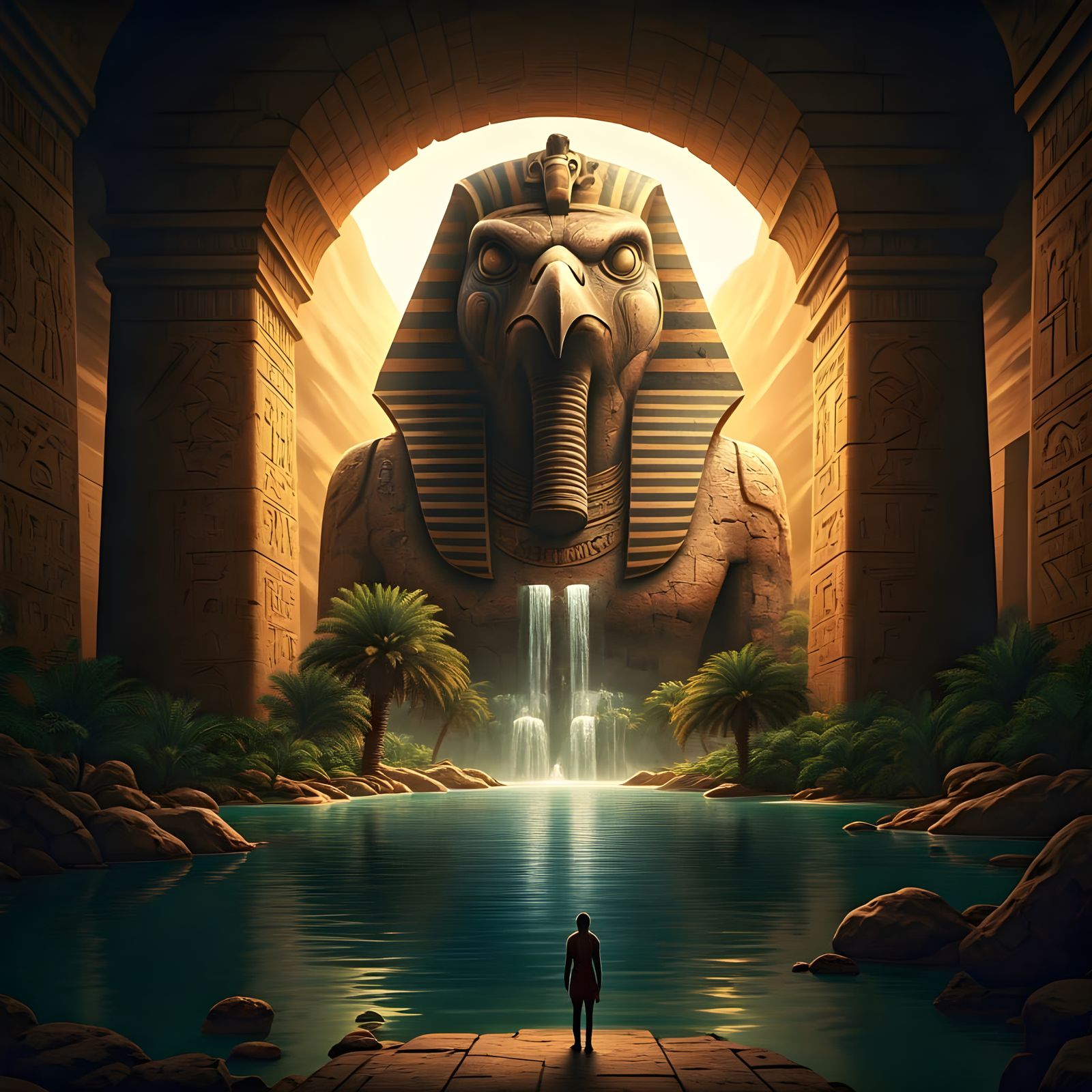 Colossal Sokar Statue Guardians Ancient Oasis in Sahara Dese...