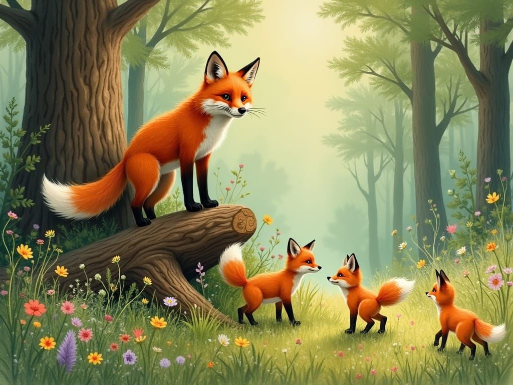 Whimsical Rockwell-Inspired Fox Family in a Lush Forest