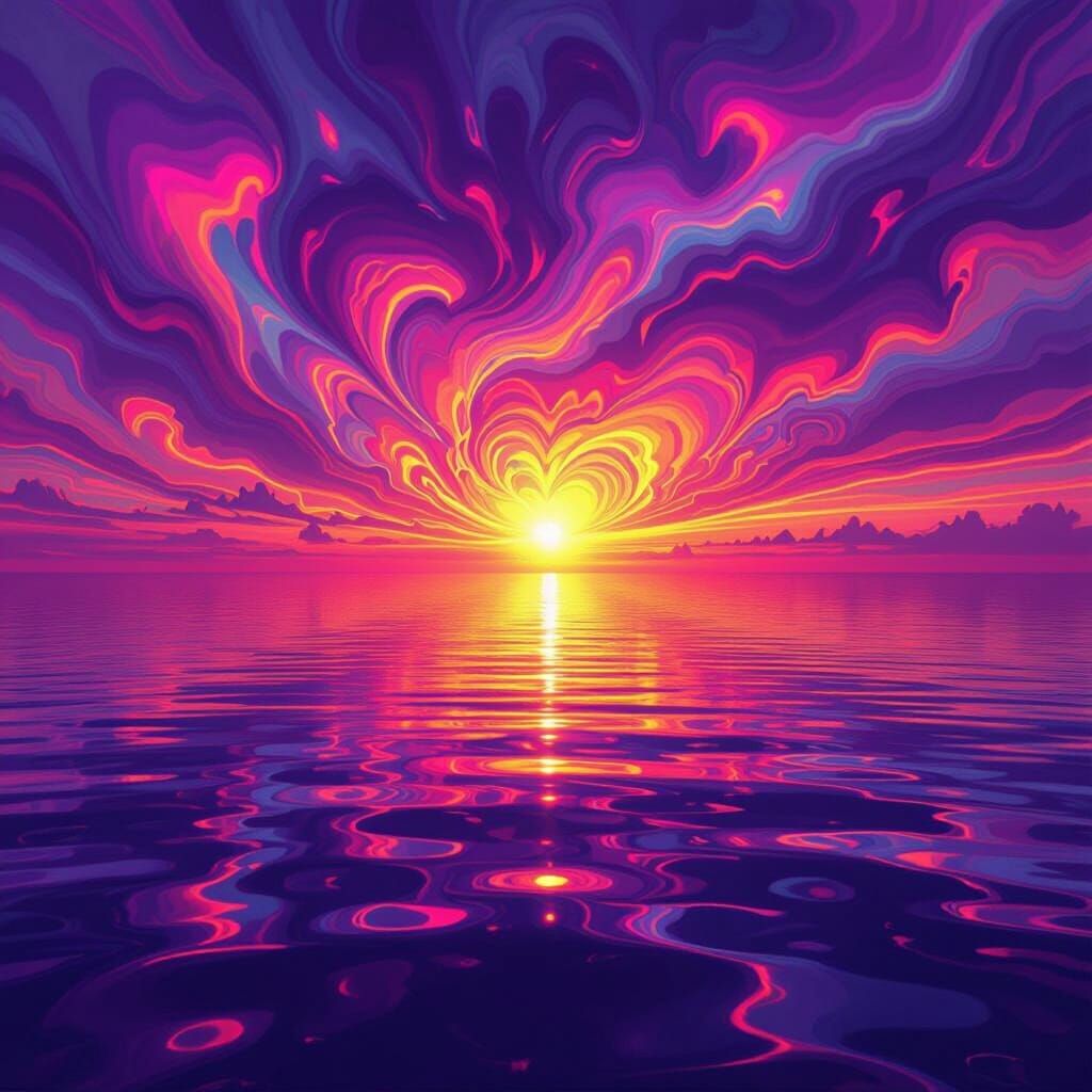 Psychedelic Sunset Over Calm Ocean with Kaleidoscopic Reflec...