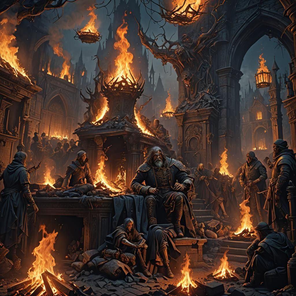 Fiery Night: Town Ablaze in Detailed Matte Painting Style