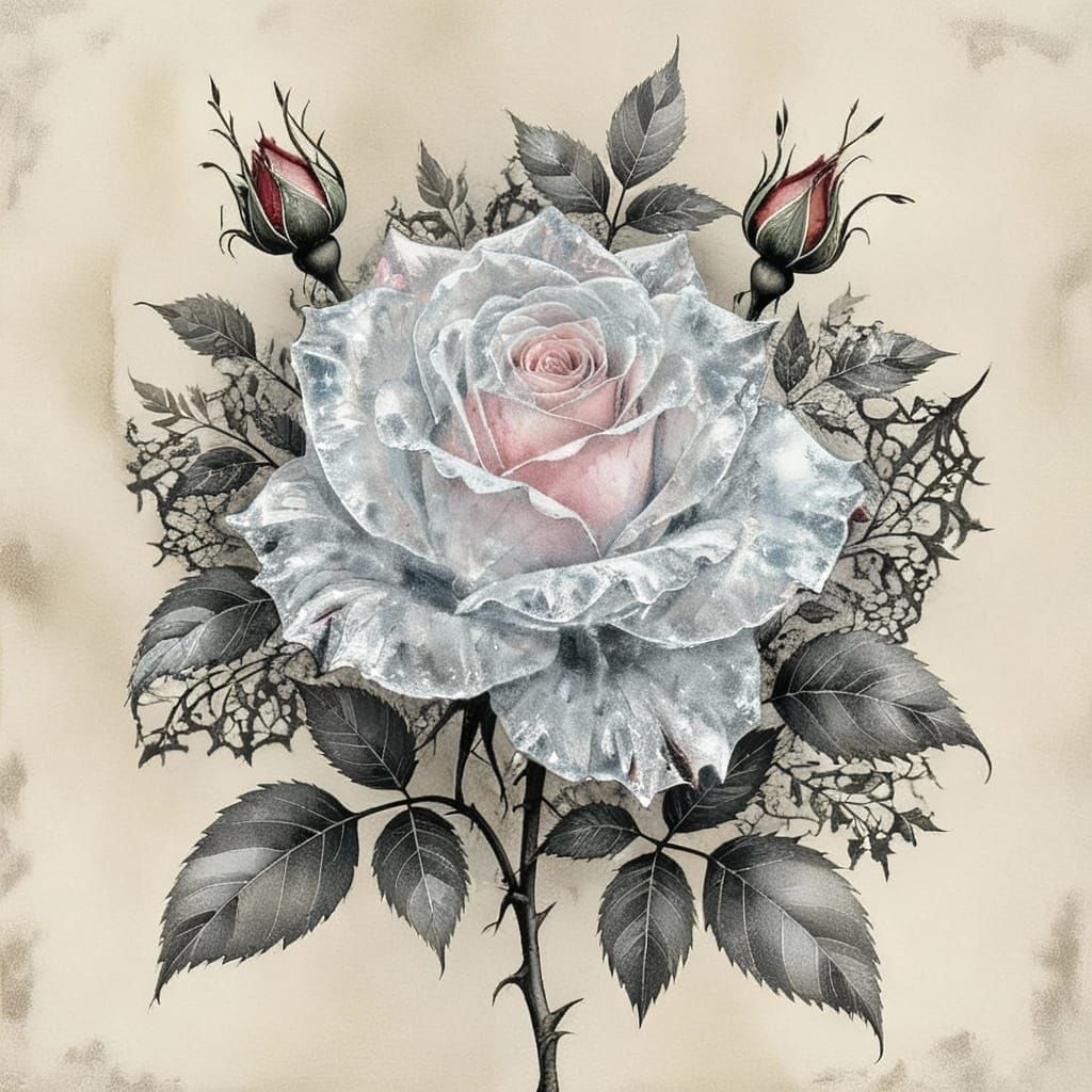 Ice Rose With Gothic Details in Sepia Watercolor