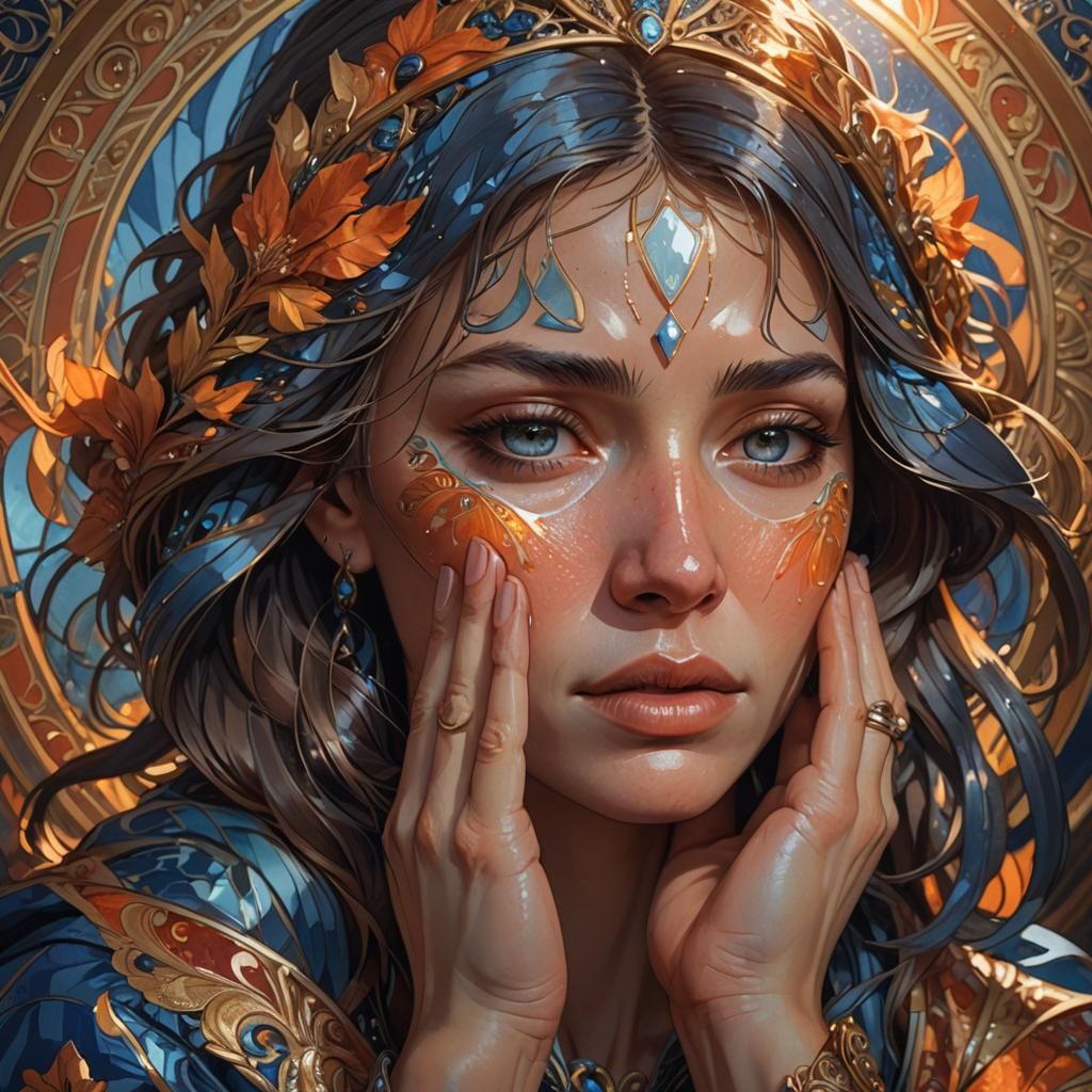 Crying Woman Portrait with Art Nouveau Elements