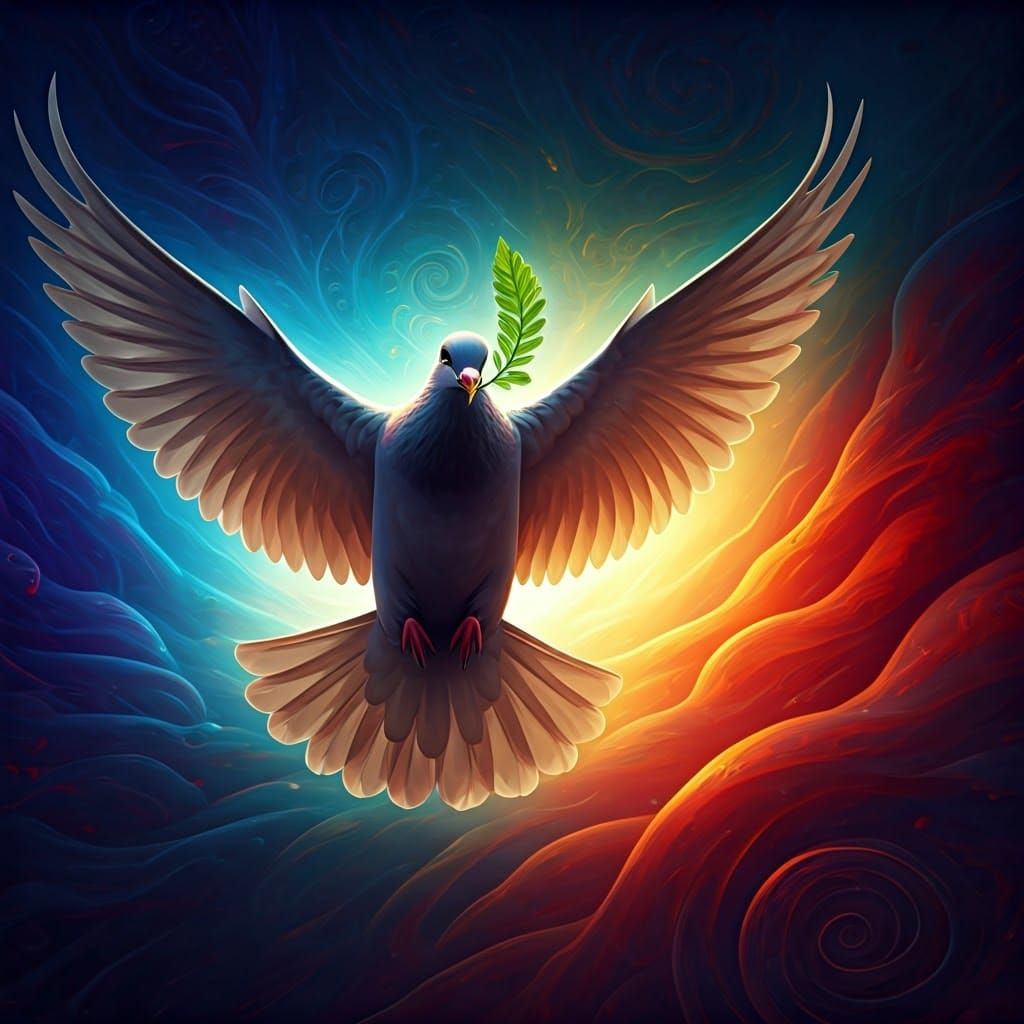 Dove in Dreamlike Flight with Peaceful Leaf