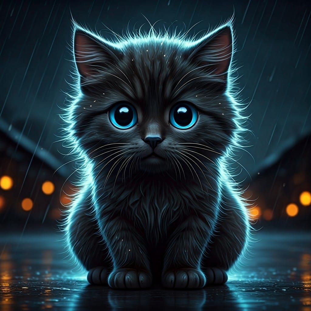Hyperrealistic Wet Black Cat in Rainy Town