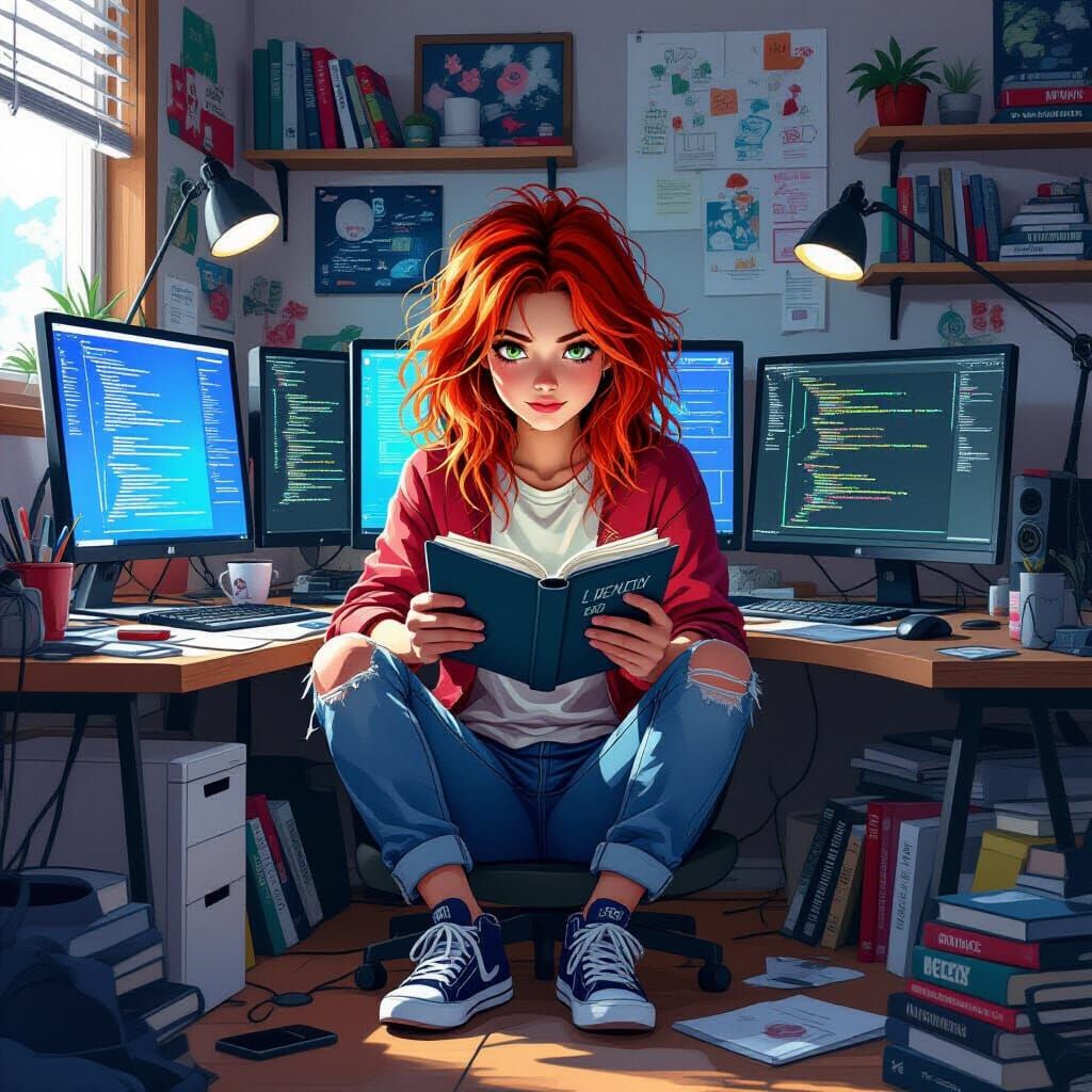 Girl with Red Hair in Tech Room, Digital Art