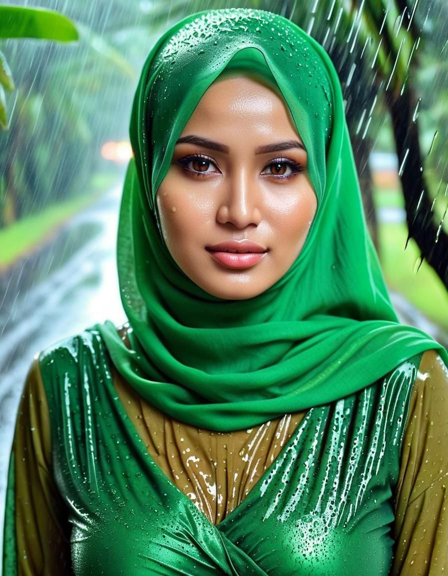 Young Indonesian Woman in Green Hijab in Heavy Rain