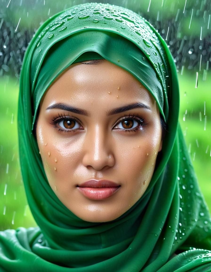 Indonesian Woman in Green Hijab in Rain