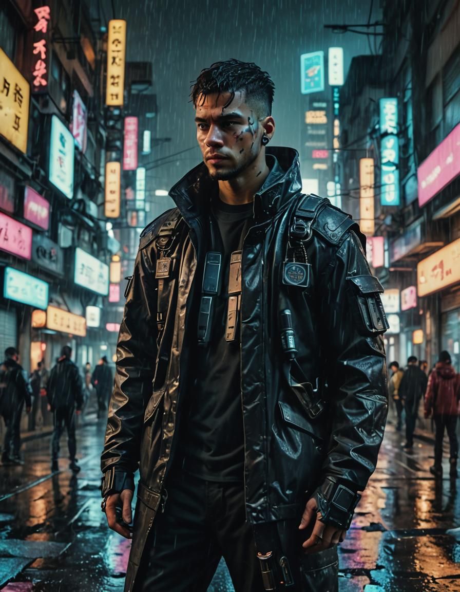 Cyberpunk Protagonist in Rainy City Film Still