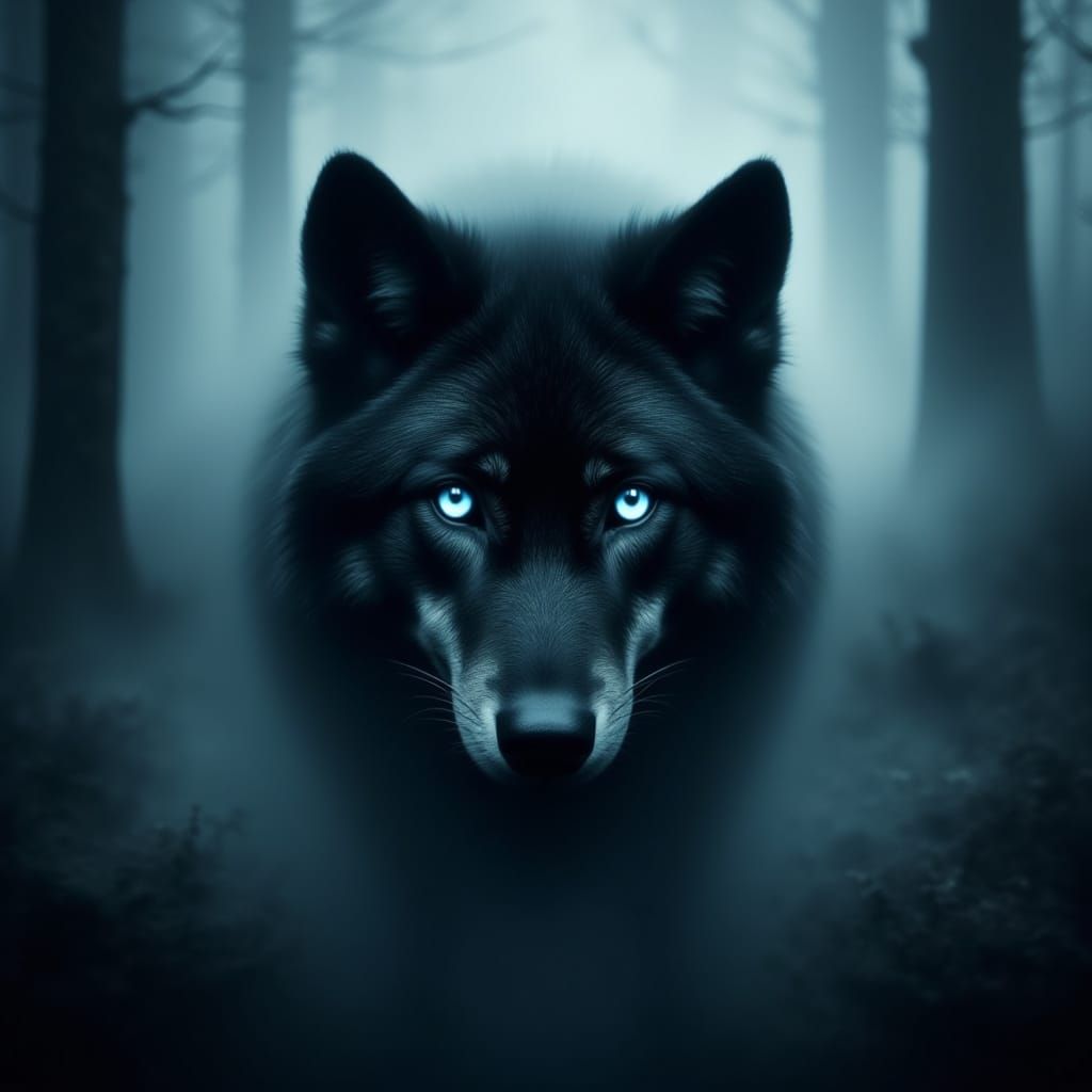 Cinematic Portrait of Black Wolf in Foggy Forest