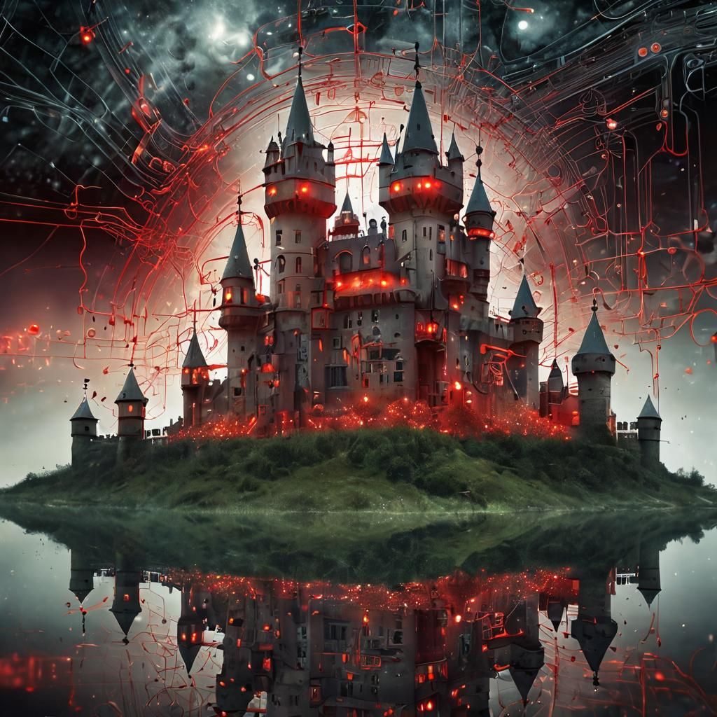Surreal Castle of Quantum Entanglement in Red