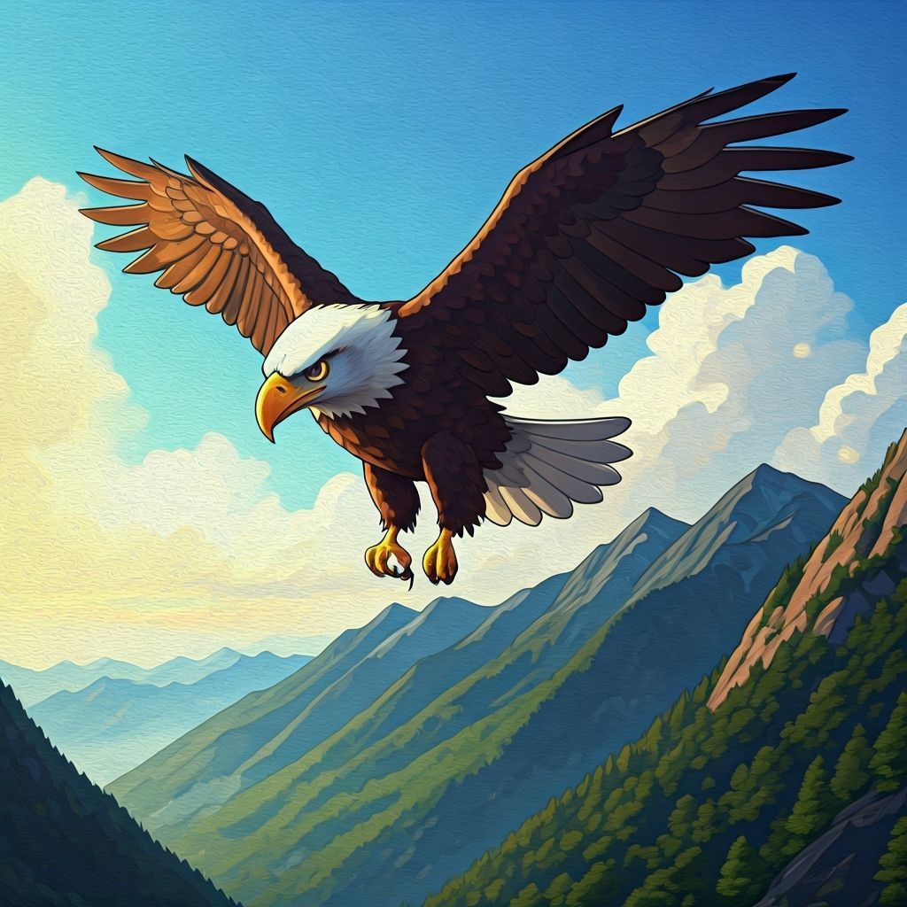 Chibi Eagle Flies Over Epic Mountains in Gouache Style