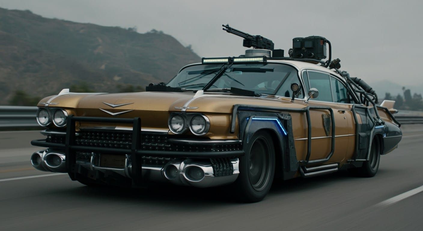 Cyberpunk Cadillac Armored Car on Post-Apocalyptic Highway