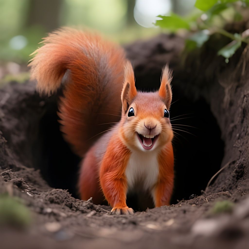 Vibrant Red Squirrel Smiles From Earthy Burrow Entrance