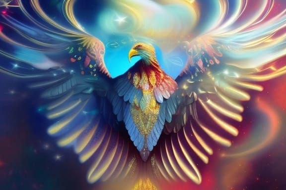 Cosmic Eagle with Fractal Fire Wings, Digital Oil Painting