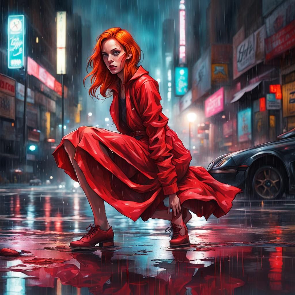 Redhead in Cyberpunk City Street Scene