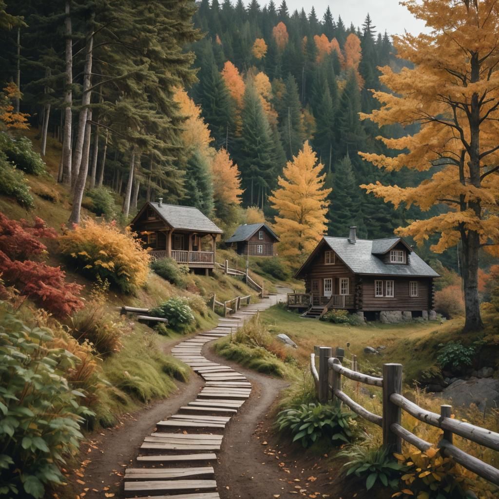 Autumn Park Cabin Overlooking Ocean in Cinematic Photo