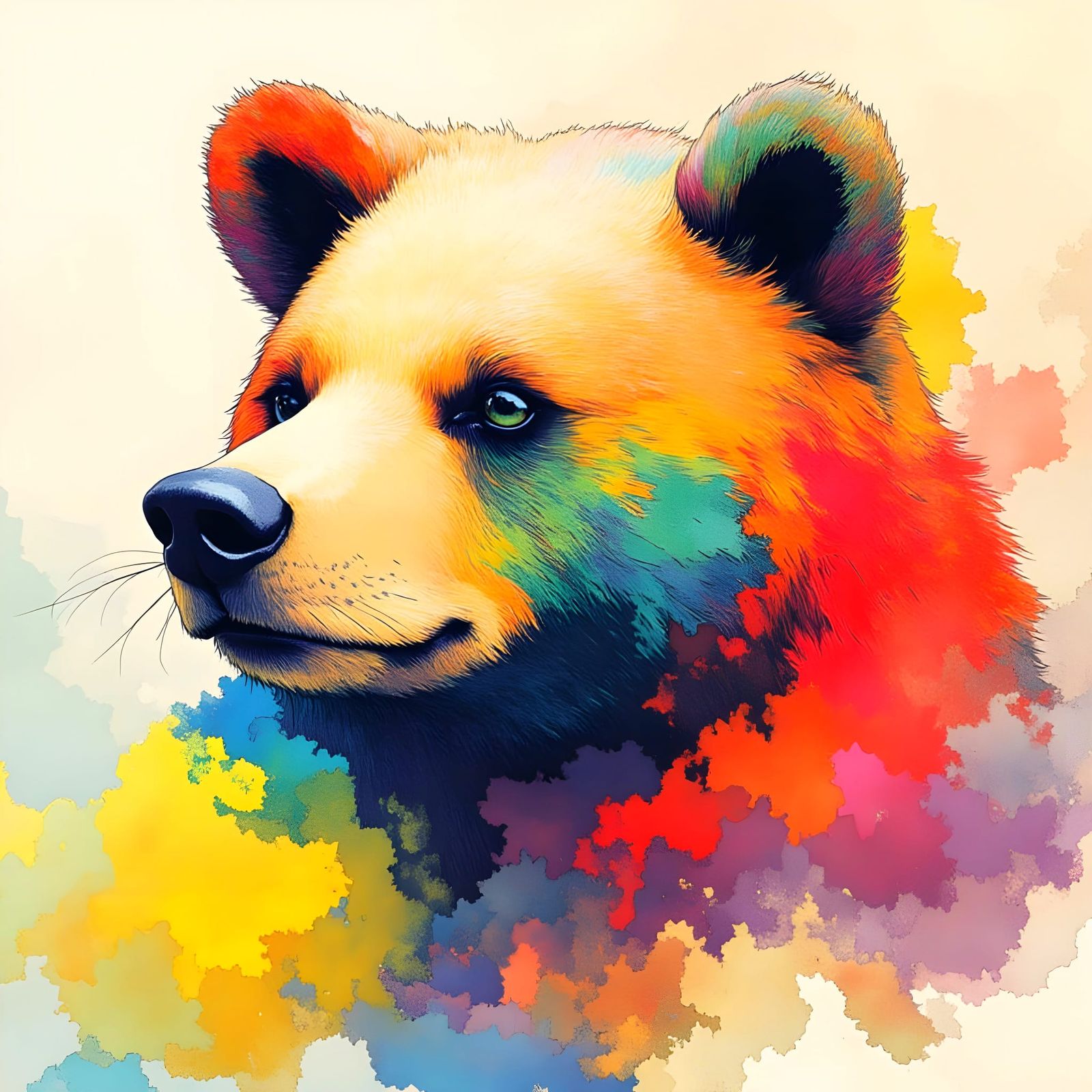 Abstract Watercolor Bear with Ink Wash Accents