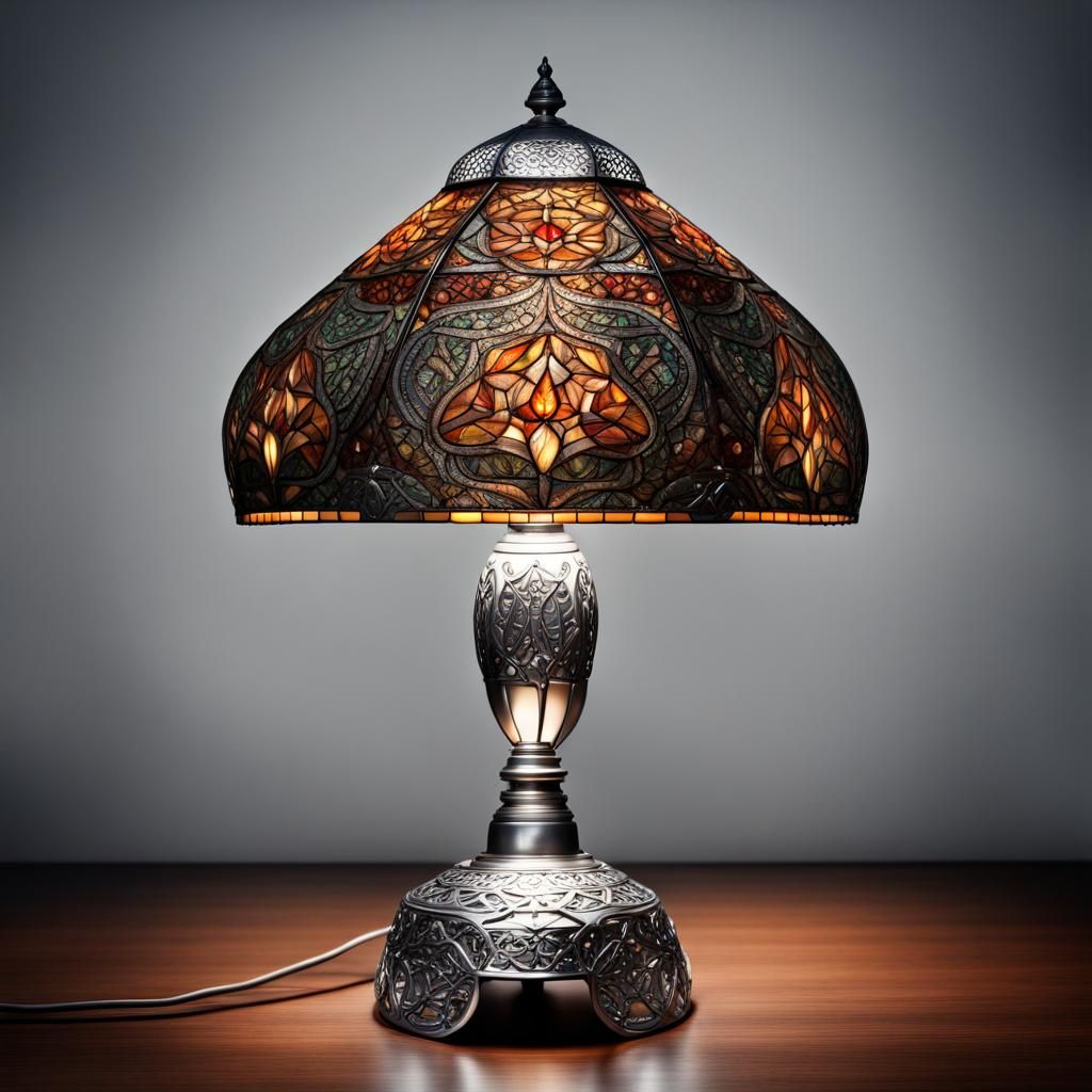 Hyperrealistic Tiffany Lamp Mandala with Silver Stand