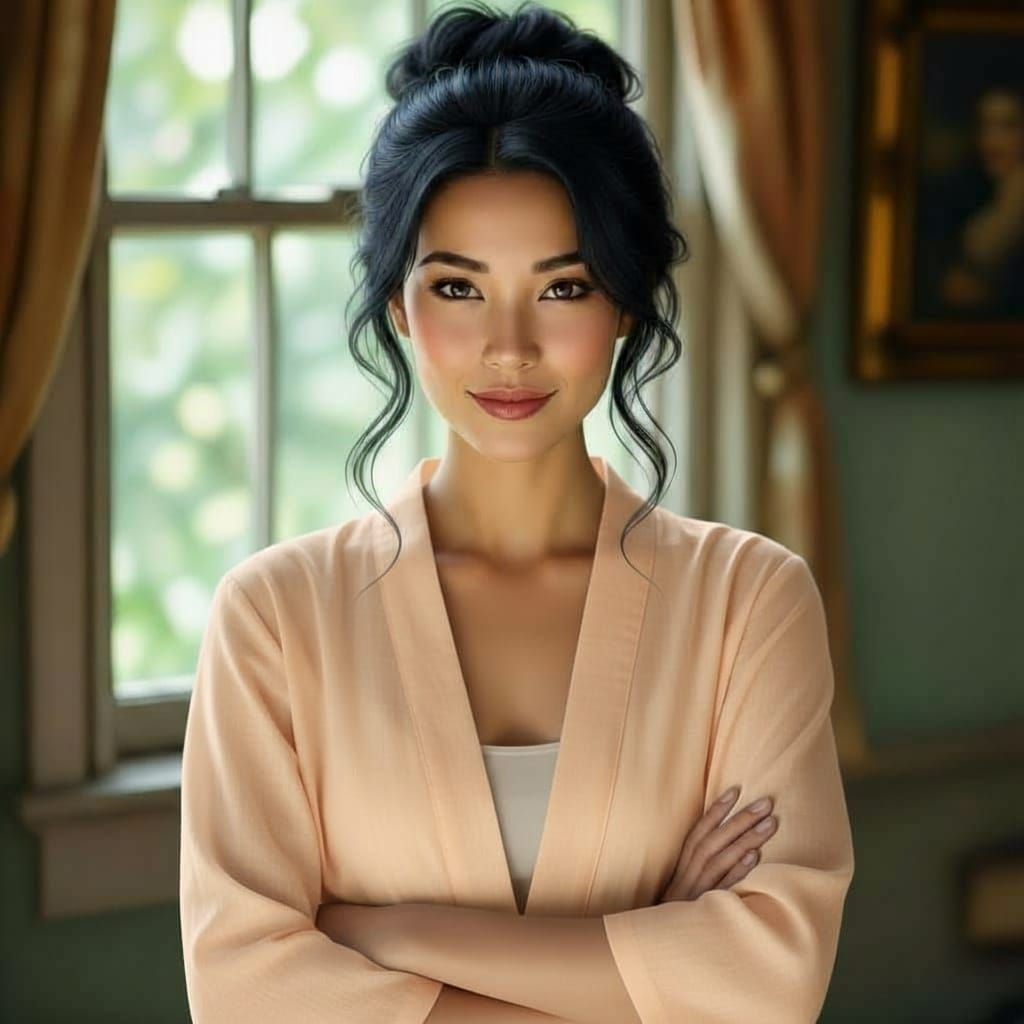 Woman in Forest Green Cardigan with Dark Hair