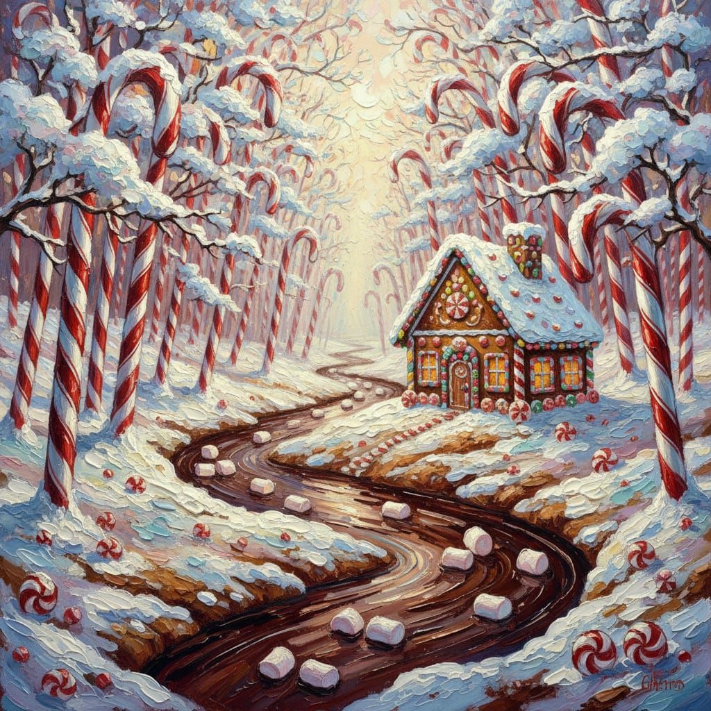 Enchanting Candy Cane Forest with Chocolate River