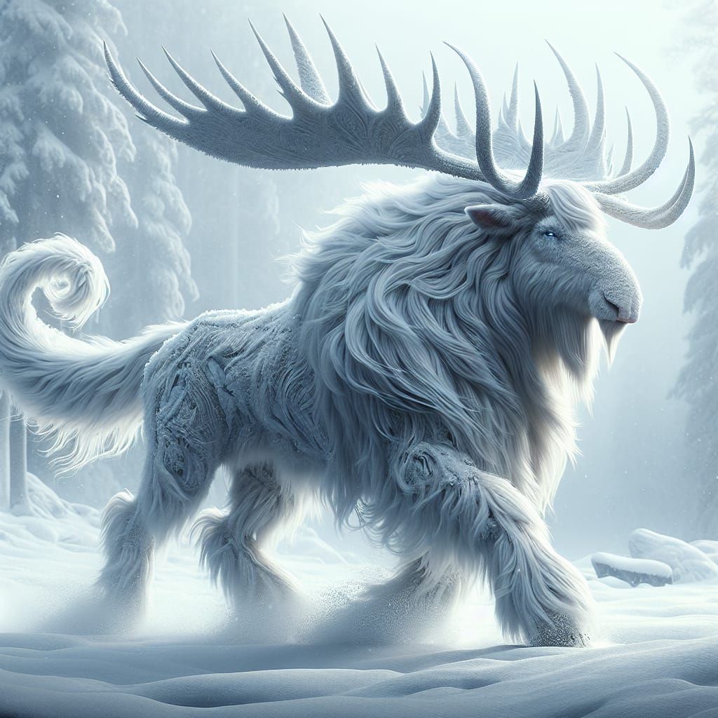 Hybrid Moose-Buffalo in Snowy Wilderness: Digital Painting