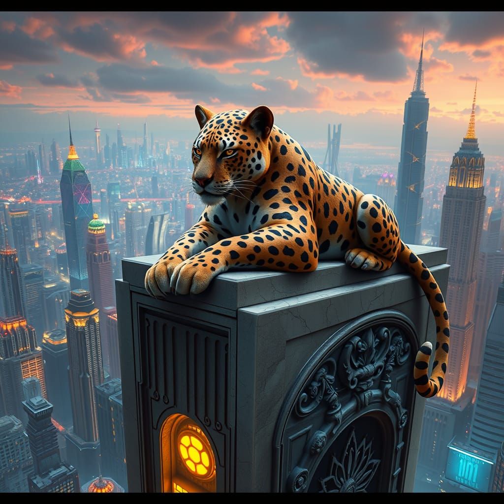 Giga Panthera Lounging on Futuristic Skyscraper
