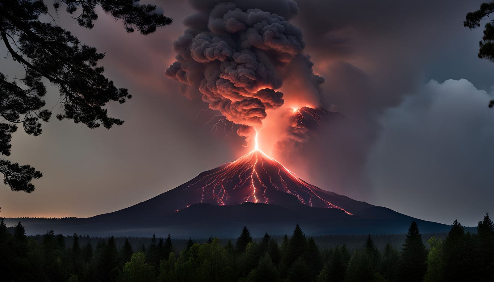 Volcanic Night: Distant Eruption with Lightning