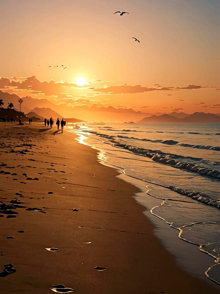 Silhouettes Walking on Beach at Sunrise: Anime Style