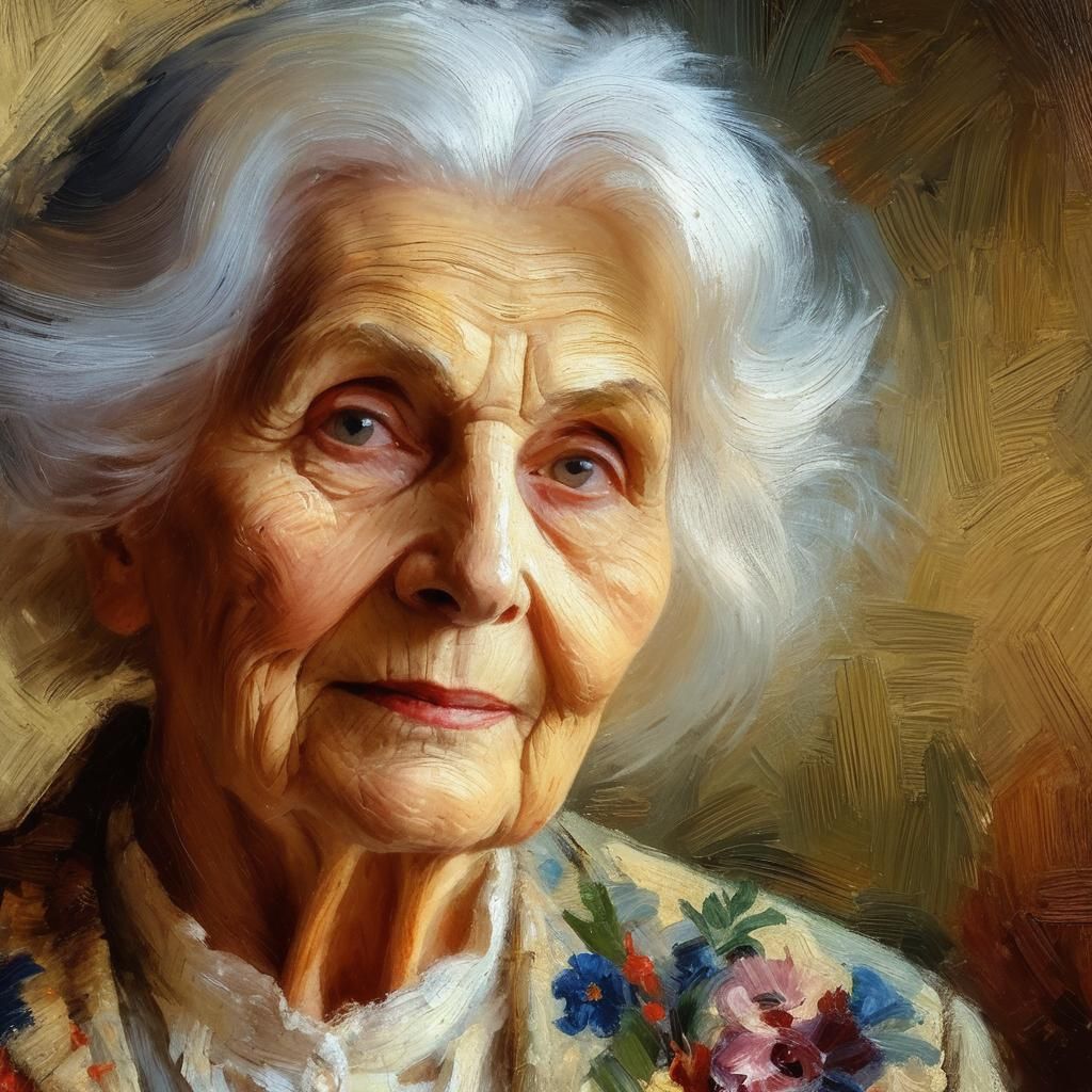 Portrait of an elderly woman with a face marked by the years but with a serene expression