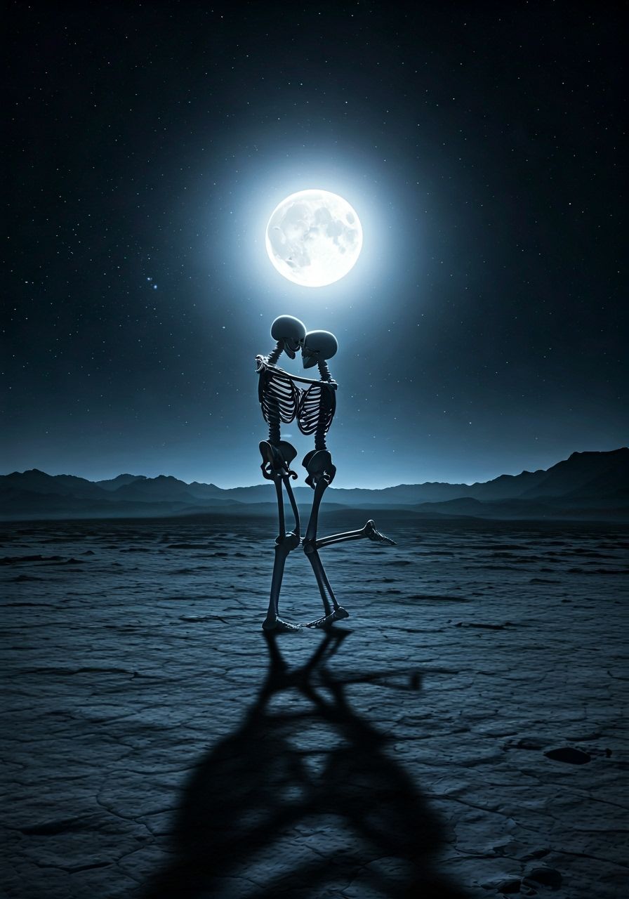 Skeletal Couple Dancing Under Luminous Full Moon