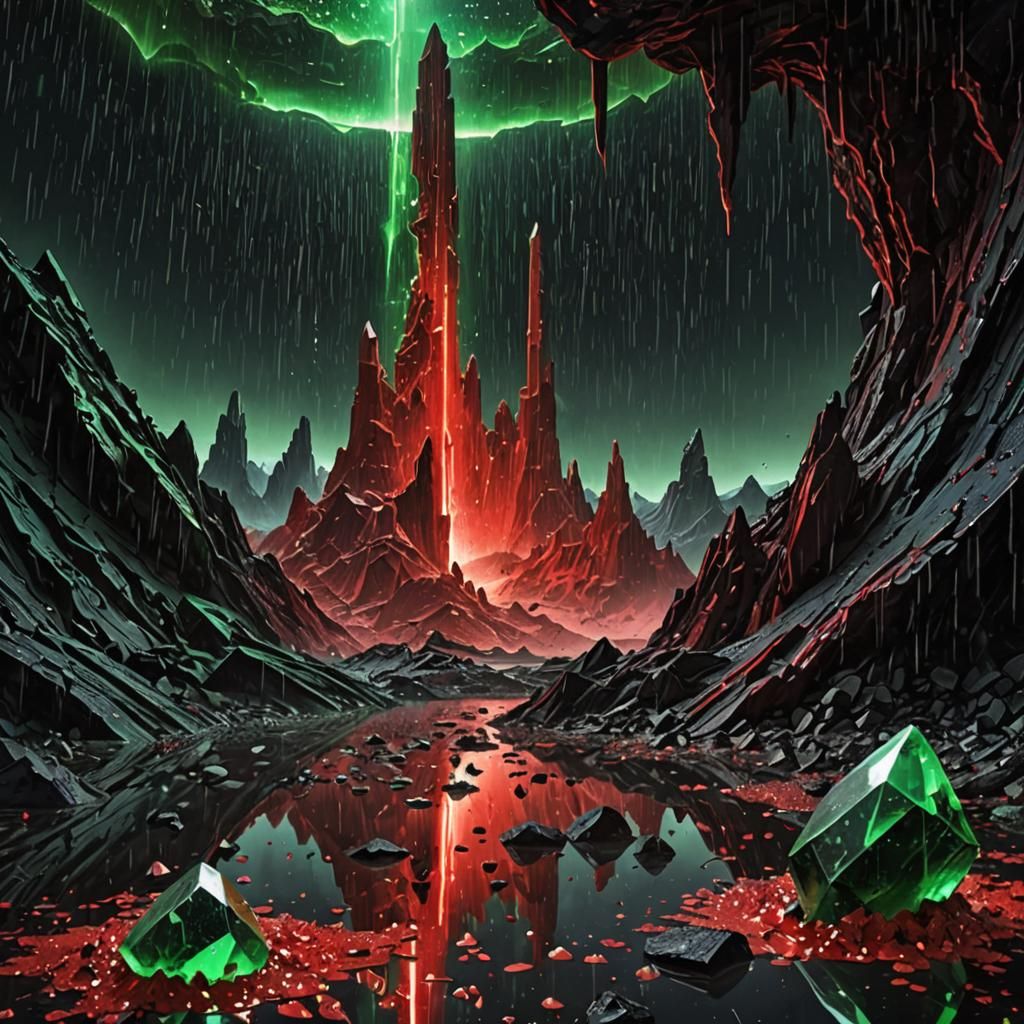 Alien Landscape with Crystalline Rain and Comet