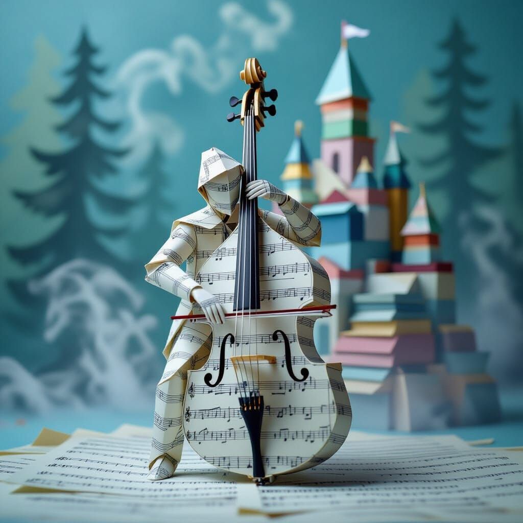 Origami Contrabass Player and Paper Castle