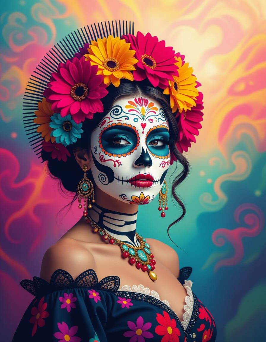 Catrina Sugar Skull Woman in Psychedelic Surrealism