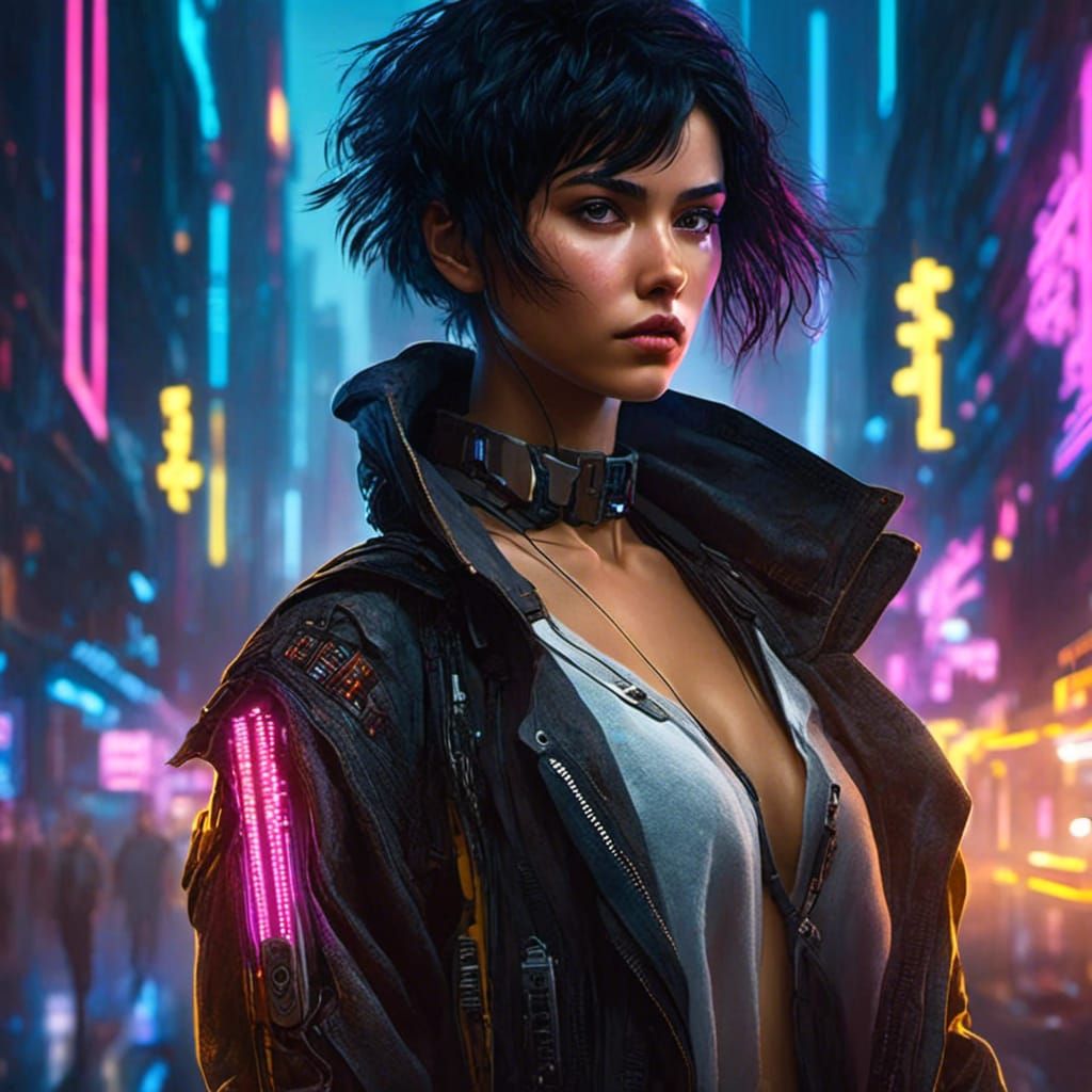 Cyborg Woman in Murraypunk Cyberpunk Cityscape