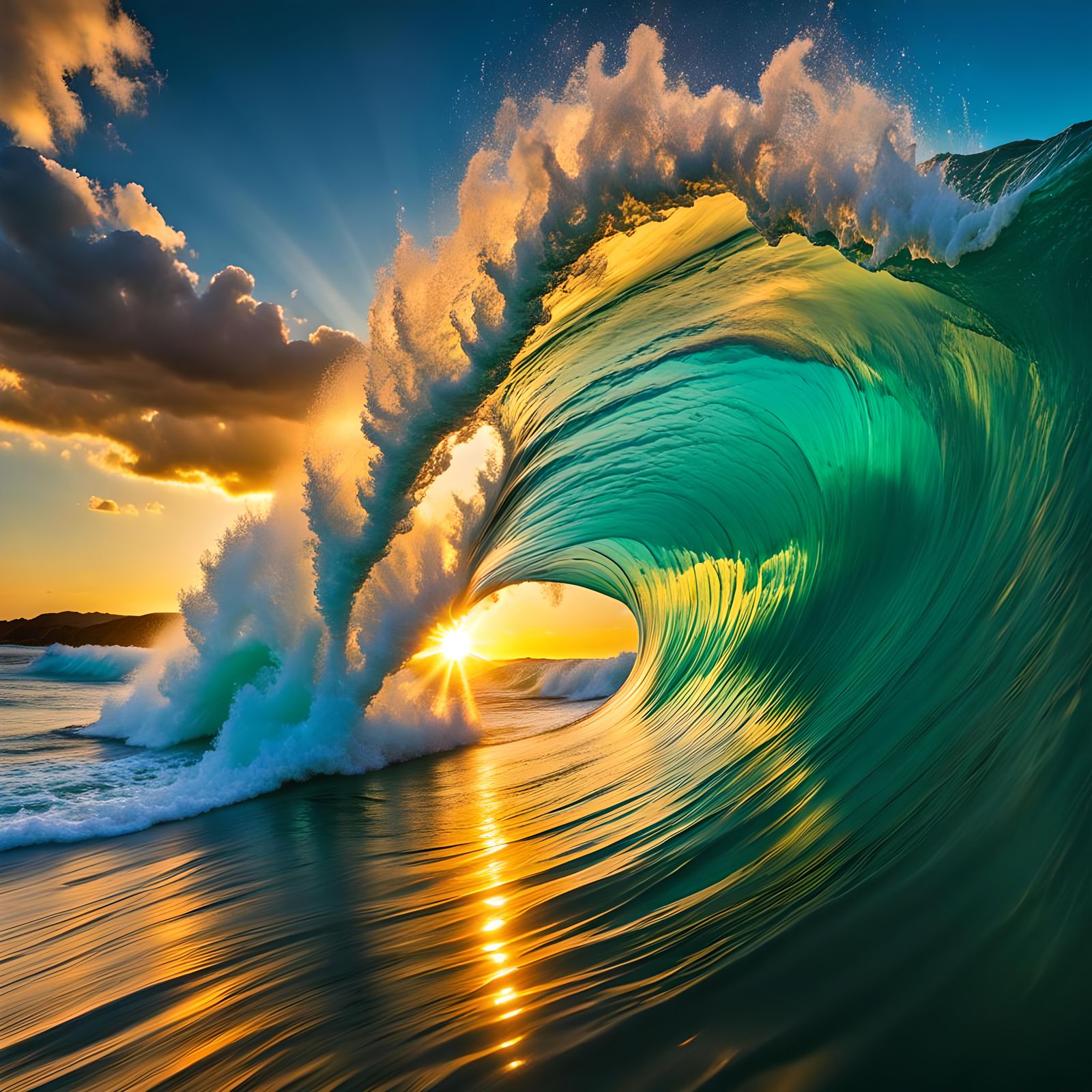 Turquoise Barrel Wave Breaking at Sunset