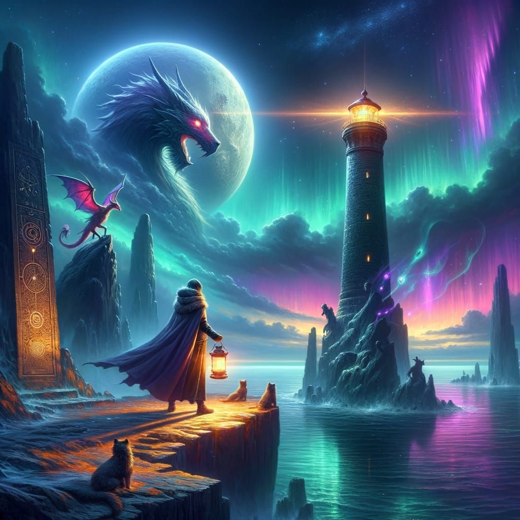 Moonlit Lighthouse with Hero and Dragon