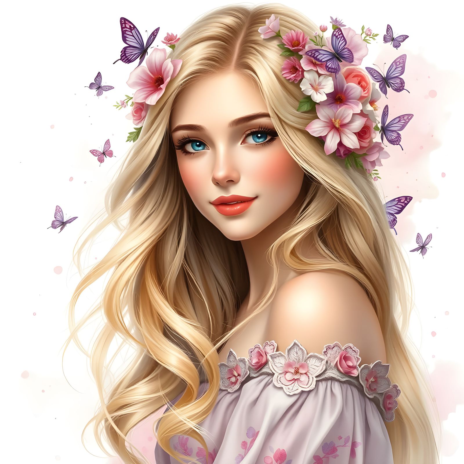 Ethereal Woman with Flowers in Watercolor Style