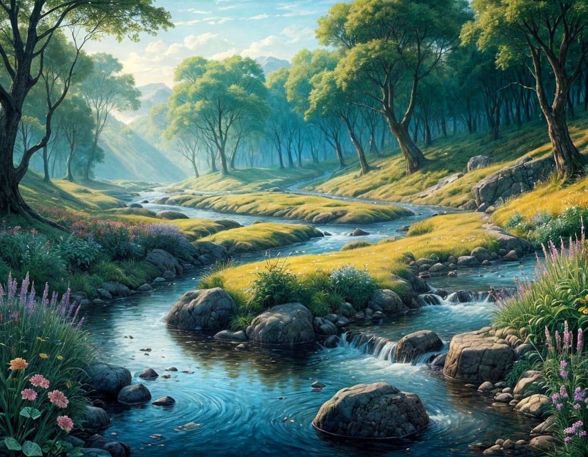 Dreamy River Landscape in Whimsical Style
