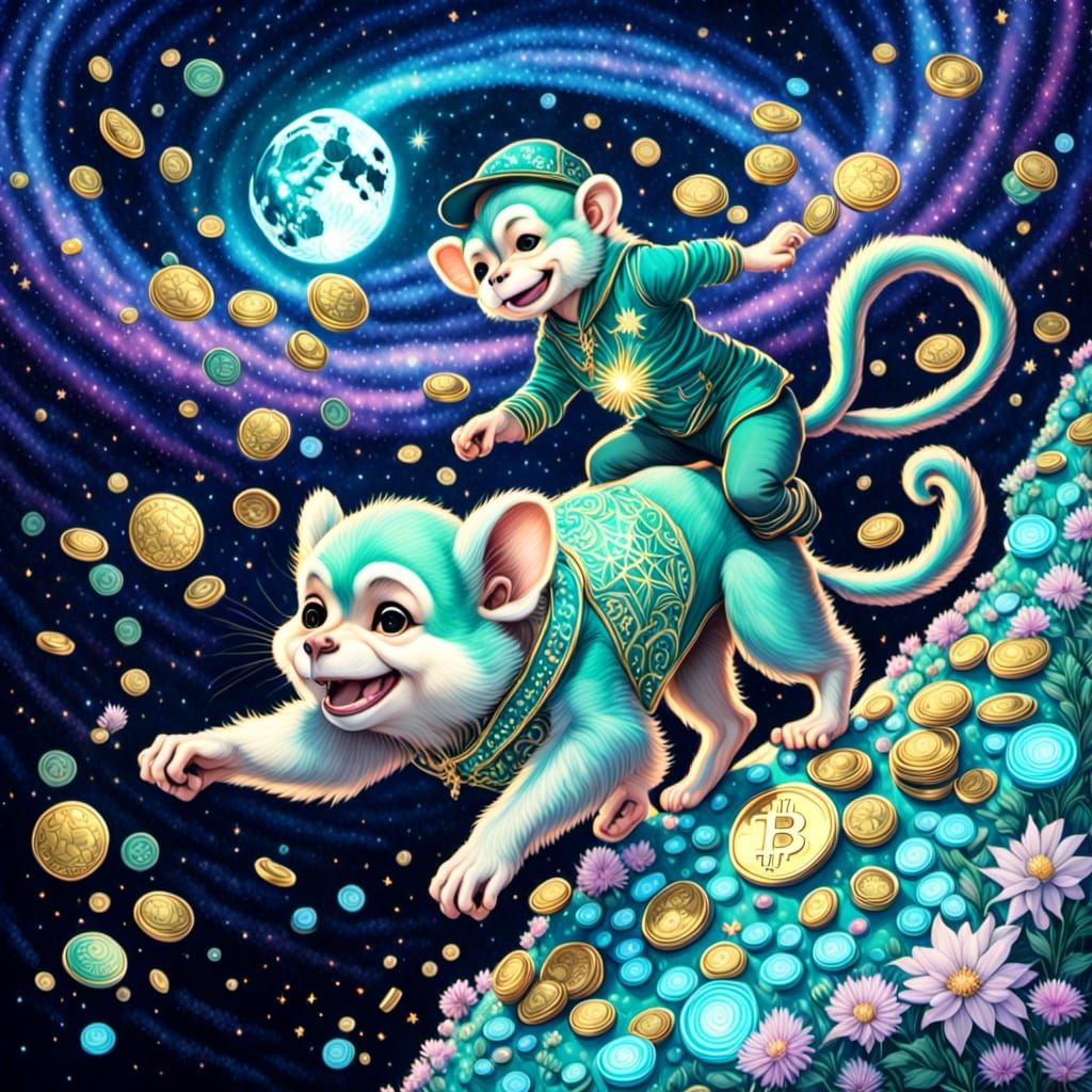 Cartoon Monkey Collects Cryptocurrency Coins