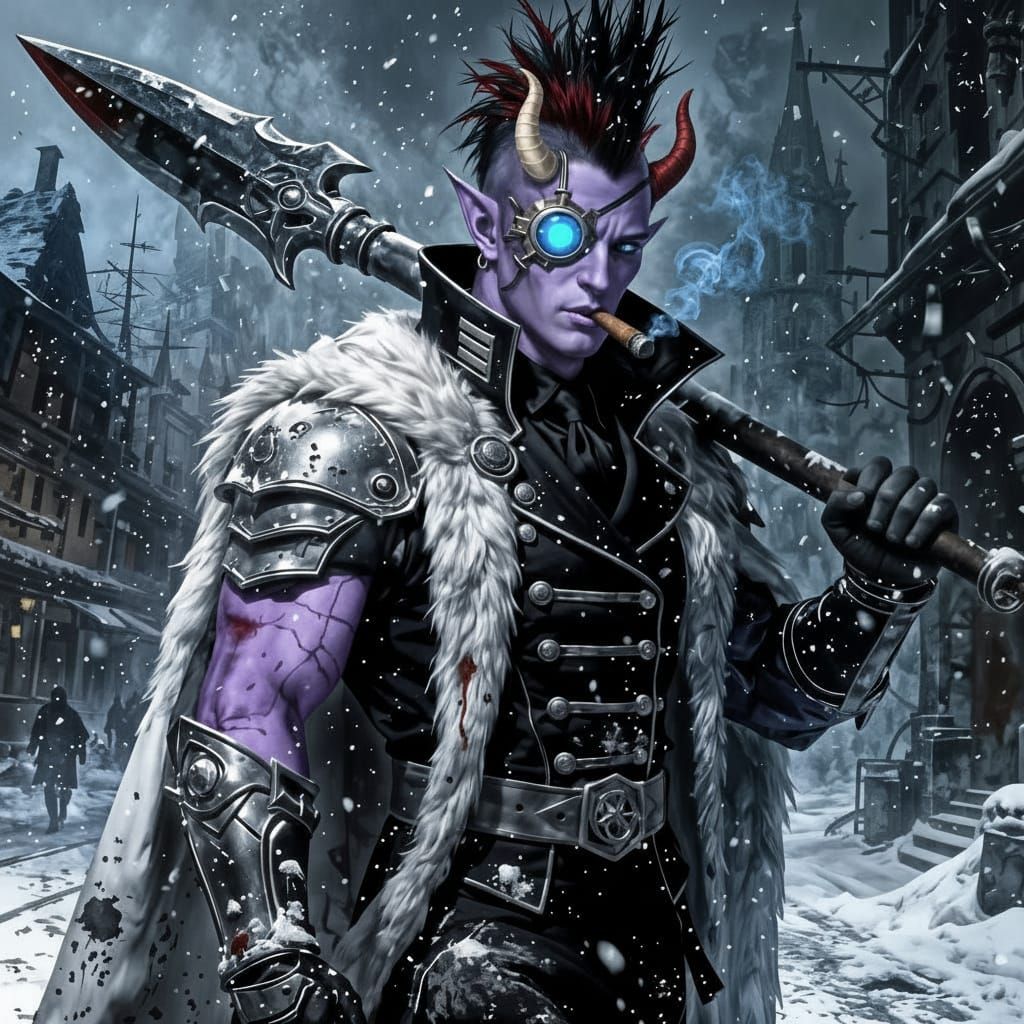 Gothic Elf Monster Hunter in Snowy Fantasy Town