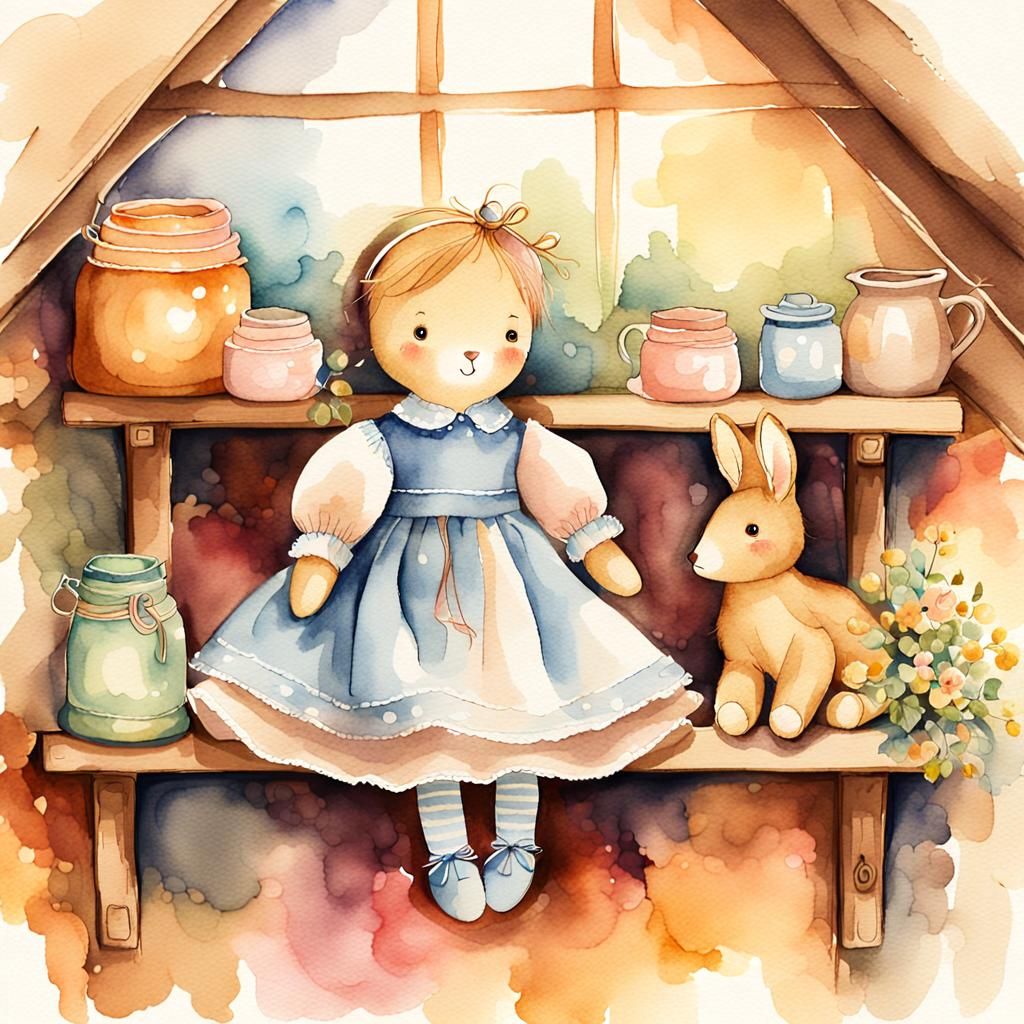 Whimsical Watercolor Doll on Wooden Shelf in Cozy Attic Sett...