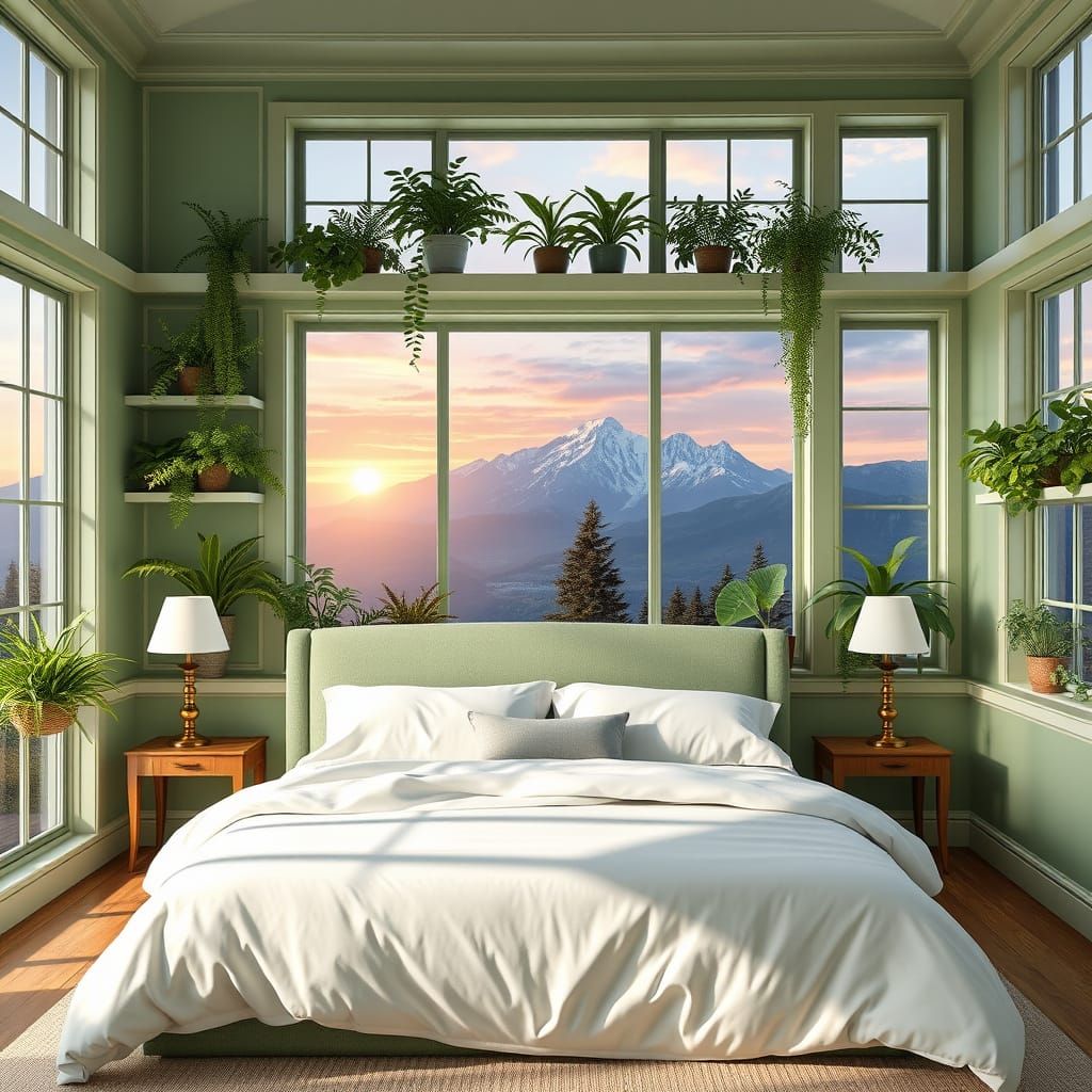 Serene Sage Green Sun Room with Breathtaking Mountain Sunset