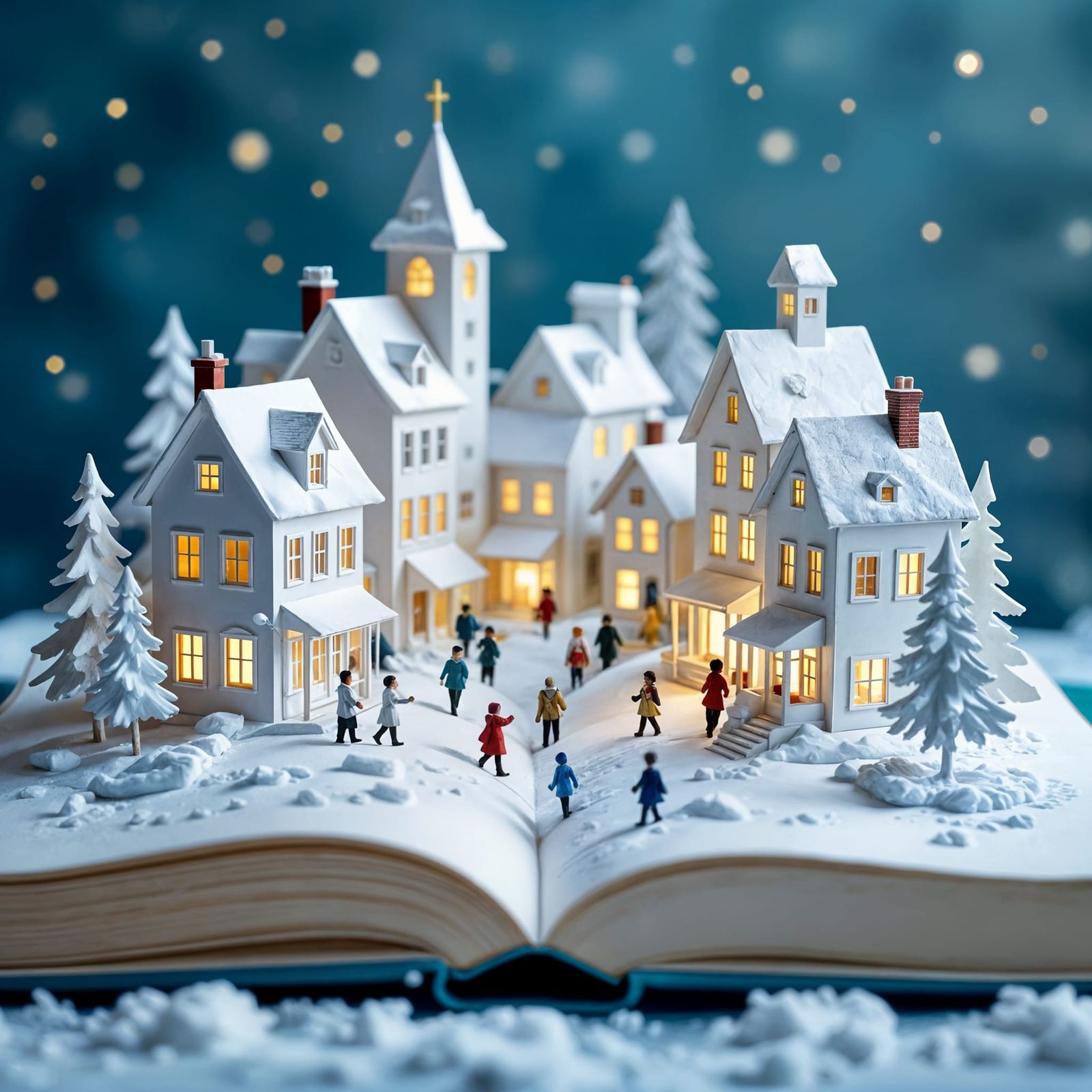 Miniature Paper City on Storybook in Winter Glow
